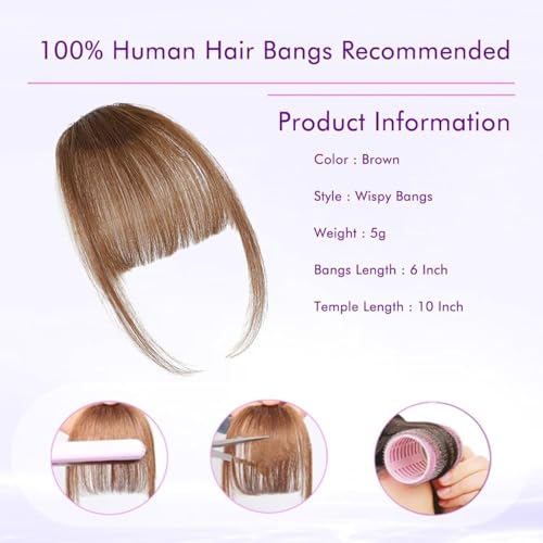ELEFOCUS Clip-in bangs - 100% human hair bangs clip 6# clip-in bangs extensions fake bangs real hair thin bangs hair clip bangs wig with sideburns curved bangs suitable for daily wear - color: 6#, size: Wispy Bangs