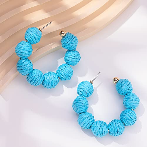 Raffia Hoop Earrings Statement Boho Beaded Earrings Cute Rattan Handmade Colorful Jewelry for Women Unique Summer Outfits - color: Blue