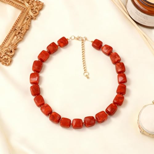 Statement Bead Necklaces for Women Boho Collar Necklace Chunky Red Resin Simple Elegant Bohemian Dress Accessories - color: A1:Orange-red bead necklace