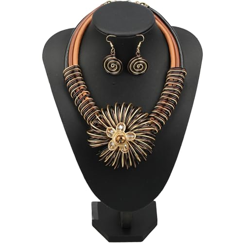 Ethnic Crystal Rhinestone Pendant Necklace Earrings Set Women Handmade Tribal Collar Choker Chunky Metal Bib Rope Chain African Statement Jewelry Set - color: NXR1418-black