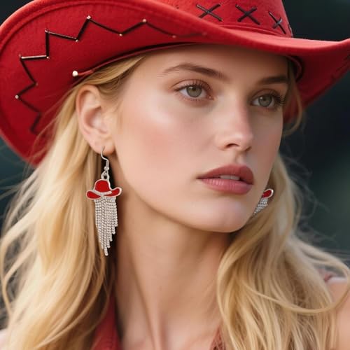 RechicGu 3 Pairs Western Cowgirl Cowboy Hat Earrings Set Silver Symmetric Boots Sparkly Rhinestone Tassels Drop Dangle Rural Culture Earrings Set For Women - color: Silver Boots,Red Hat
