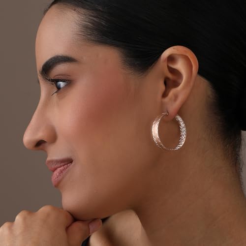 LeCalla 925 Sterling Silver Hoop Earrings for Women | 14K Gold-Plated & Rose Gold-Plated Diamond-Cut Hoop Earrings | Textured Click-Top Hoops Earring Jewelry - color: Rose Gold DC Textured-31MM