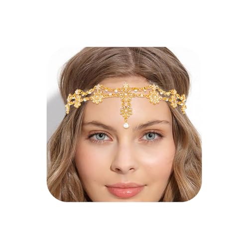 Golden Rhinestone Head Chain for Women Boho Pearl Headpiece Wedding Elastic Jewelry Headband