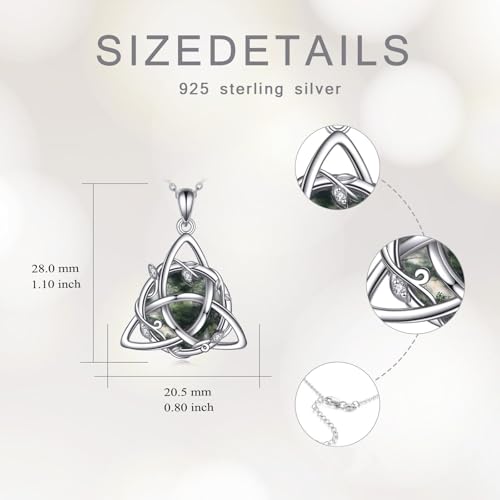 Sterling Silver Celtic Triangle Knot Moss Agate Women's Pendant Necklace Round Moss Agate Twig Knot Necklace Pendant Jewelry Gift Birthday Valentine's Day Christmas for Her