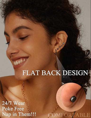 LOLIAS 21Pairs Surgical Steel Flat Back Earrings Hypoallergenic 20G Screw Back Nap Stack Cartilage Earring Stacks - color: Black-plated