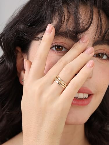14K Gold Filled Rings for Women, Dainty Stacking Rings for Women, Thin Gold Band Ring Plain Statement Ring Comfort Fit Size 6-10 - color: Gold-CZ-3PCS