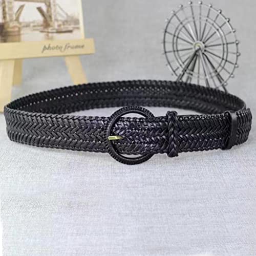 Women Wide Braided Leather Belt 1.6 inch Ladies Soft Woven Waistband with Buckle - color: Black
