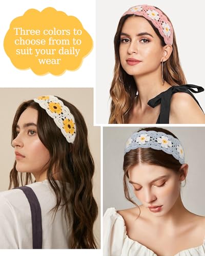HAIMEIKANG Hippie Hair Bandanas Headbands for Women Boho Headband Knit Hair Bands Floral Head Wrap for Girls(Beige+Blue+Pink) - color: Beige+Blue+Pink