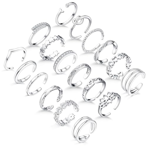 18PCS Toe Rings for Women Non Tarnish Gold/Silver Rings Open Flower CZ Band Toe Ring Set Adjustable Ring Summer Beach Foot Jewelry Gifts - color: Silver