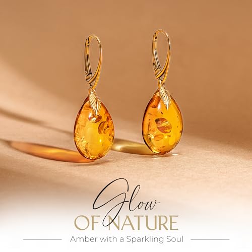 Leverback Dangle Earrings for Women – Gold-Plated 925 Silver Drop Earrings with Natural Yellow Baltic Amber Piece, Lightweight Jewelry with Secure Closure for Everyday Elegance - color: Amber
