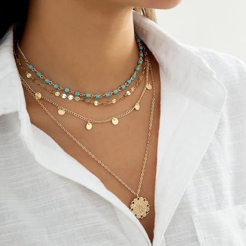 Boho Layered Gold Turquoise Necklace for Women Multi Strand Western Beach Jewelry Stackable Chain with Toggle Clasp Disc Pendant Trendy Fashion Jewelry - color: Gold-3