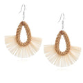 Boho Summer Beach Earrings for Women Lightweight Straw Wicker Earring Statement Raffia Fan Round Tassel Dangle Drop Earrings Hawaii Jewelry - style: White Teardrop