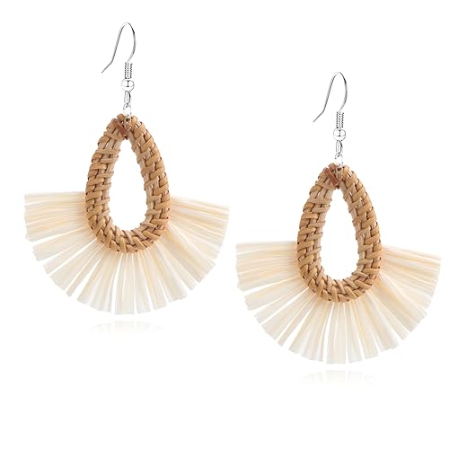 Boho Summer Beach Earrings for Women Lightweight Straw Wicker Earring Statement Raffia Fan Round Tassel Dangle Drop Earrings Hawaii Jewelry - style: White Teardrop