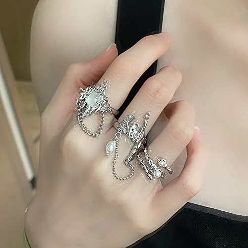 Y2k Moonstone Rings Rhinestone Star Irregular Agate Grunge Rings Set for Women - style: Style 2