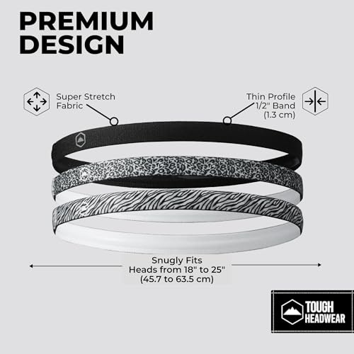 Tough Headwear Thin Elastic Headbands - Sports Hair Head Band for Women & Men - Non Slip Mens Workout Headband - 6-Pack - color: Black, Leopard - 6
