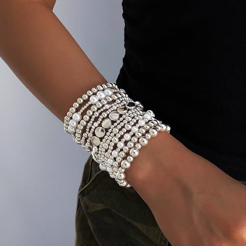 KISS WIFE Bracelets for Women, 13 Pcs Gold Silver Beaded Bracelet Stack with Faux Pearl, Stretch Elastic Strand Ball Fashion Jewelry Set, Adjustable Accessories Gifts - color: Silver