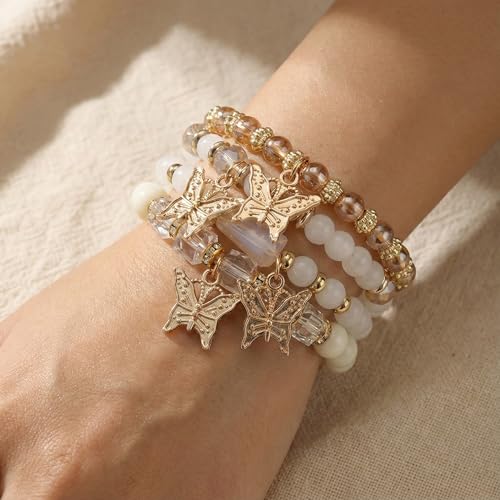 Bohemian Bracelet Sets for Women - 4-Pack Stackable Stretch Bead Bracelets with Black＆White Crystal & Gold Accessories, Multi-Layer Boho Jewelry - color: white butterfly