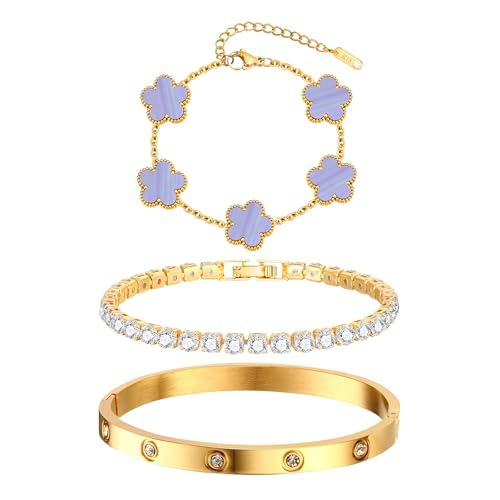 Womens Stackable Floral Gold Bracelets - 3Pcs 18K Gold Plated Bracelet,Stainless Steel Bangle Bracelets Non Tarnish, Gold Bracelet Set Trendy Jewelry,Christmas Valentines Birthday Gifts for Girlfriend - color: Blue