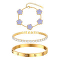 Womens Stackable Floral Gold Bracelets - 3Pcs 18K Gold Plated Bracelet,Stainless Steel Bangle Bracelets Non Tarnish, Gold Bracelet Set Trendy Jewelry,Christmas Valentines Birthday Gifts for Girlfriend - color: Blue