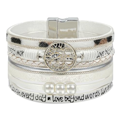 Leather Wrap Bracelet for Women, Boho Cuff Bracelet with Strong Clasp, Multi-Layer Crystal Leather Bracelet for Valentine Mother's Day - color: 02-Tree of Life-White