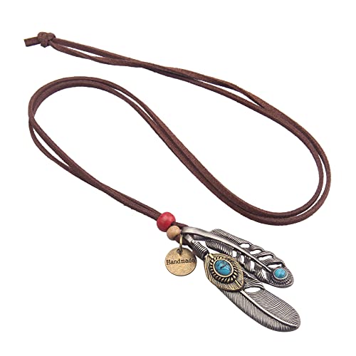 Leather Necklace for Women Long Boho Necklace Bohemian Choker Vintage Necklace Braided Boho Jewelry with Adjustable Brown Leather Cord - color: Feather Leather Necklace