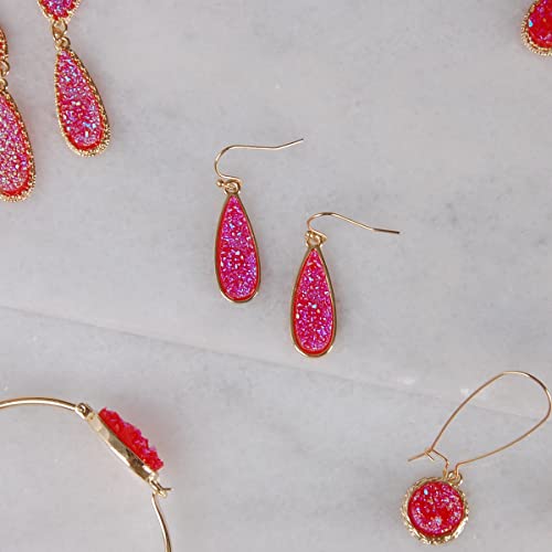 Teardrop Dangle Earrings for Women with Simulated Druzy Stones, in Gold or Rose Gold Tone - color: Gold - Hot Pink Stone