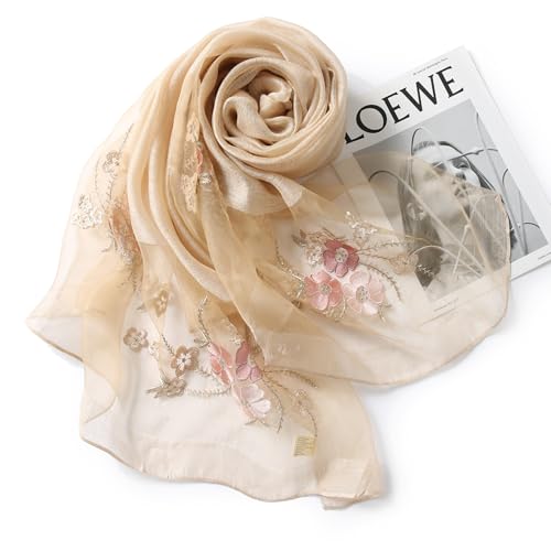 Jeelow Silk Blend Floral Fashion Scarf Shawl Wrap Lightweight Sheer For Women Floral Embroidery Wedding Party Prom - color: Petal Light Khaki
