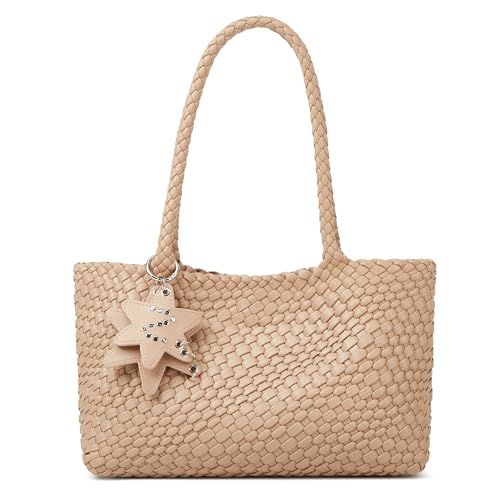 Woven Tote Bag for Women with Purse, Fashion Shoulder Hobo Underarm Bags, Large Woven Handmade Work Commuter Day Bags - color: White