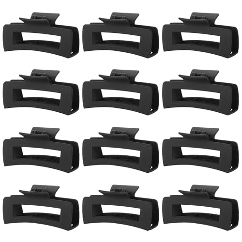 12 Pack Large Black Square Hair Claw Clips for Women, 4.3 Inch Matte Rectangle Claw Clips, Strong Hold & Non-Slip for Thick or Thin Hair - color: Black