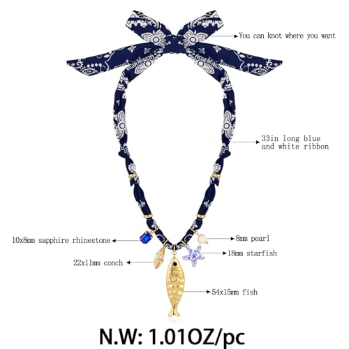 Gold Fish Necklace For Women Blued Beaded Strand Toggle Necklace With Gold Fish Pendants Dainty Summer Beach Turquoise Jewelry - style: Scarf Strand