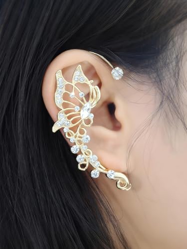 2Pcs Rhinestone Butterfly Earrings Ear Cuffs Non-Pierced Fake Earrings Butterfly Climber Wrap Around Earring Dainty Adjustable Ear Clip Jewelry for Women - color: Style4-gold