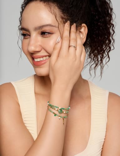 Beaded Bracelets Set for Women Stackable Healing Layered Bracelets Stack 3PCS Aquamarine Gemstone Crystal Dainty Boho Summer Jewelry for Women Natural Stone 14k Gold Plated - color: Green Strawberry Crystals