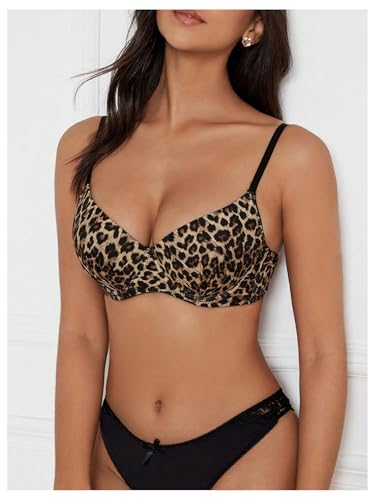 OYOANGLE Women's Leopard Print V Neck Spaghetti Strap Bras Underwire Push Up Bralettes - size: XX-Large