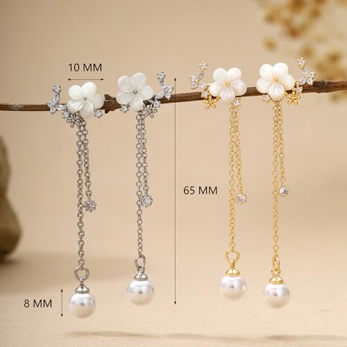 Pearl Earrings for Women Dainty Diamond Pearl Drop Earrings 14k Gold Plated Dangle Earrings for Women Weddings Gifts Bridesmaid Gifts - color: E-silver pearl earrings