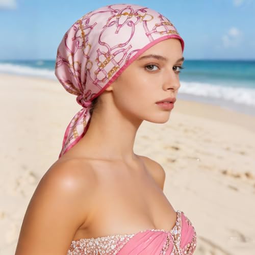 Large Pink Silk Scarf for Women Hair, Satin Square Head Scarf Like Silk - Boho Lightweight Neck Scarves Bandana for Sleeping Handbag Purse Accessories
