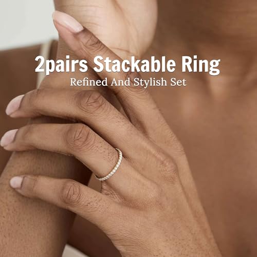 2mm 925 Sterling Silver Rings Gold Engagement Wedding Bands Eternity Cubic Zirconia Simulated Diamond 2pairs Stackable Ring for Women Size 5-10 - color: Gold