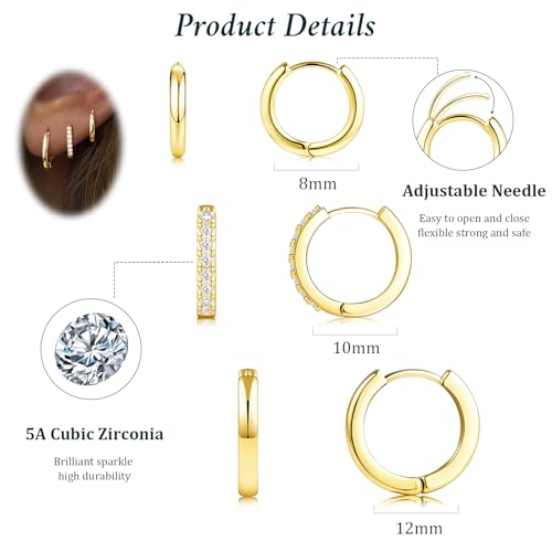 Poxtex Small Sterling Silver Huggie Hoop Earrings Set for Women, Hypoallergenic 14K Gold Plated Hoops Stacks for Multiple Piercings, Dainty Cute Mini Lightweight Cartilage Studs Trendy Jewelry Gift - color: Gold-mix hoops 81012