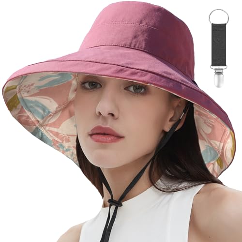 vidsel Womens Sun Hats Wide Brim Reversible Bucket Cotton Hat Packable Summer Travel Cap with Hat Clip,UV Protection - color: Wine Red2, size: Medium
