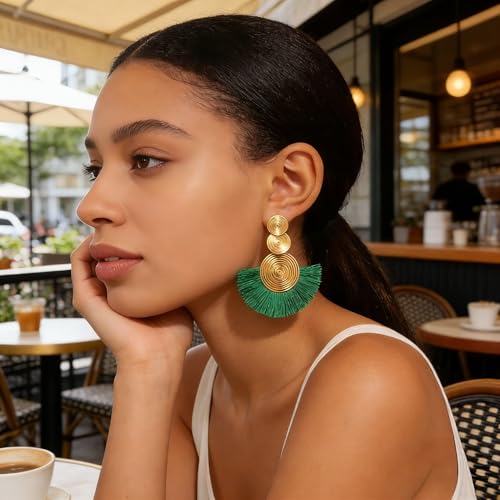 Women's Dark Green Boho Fringe Earrings, Statement Dangling Green Earrings, Bohemian Hippie Fringe Jewelry for Party, Date & Social Occasions