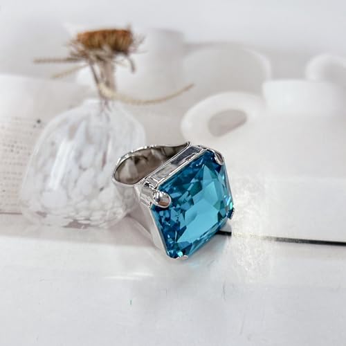 Square Large Rhinestone Exaggerated Statement Ring for Women Sparkling Thick Chunky Geometric Big Crystal Stone Finger Knuckle Band Rings Open Adjustable Wedding Brides Cocktail Prom Party Jewelry - color: Blue