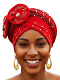 Woeoe Beanie Cap Head Wrap Black Rhinestones Head Scarf Flower Pearls Twisted Head Turban for Women Girls - color: Red