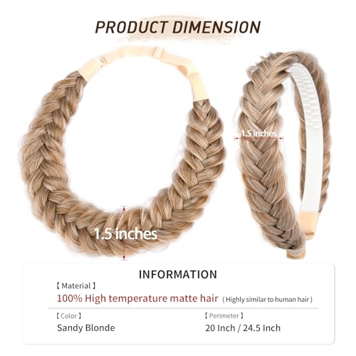 2PCs Braided Headband with teeth Handmade Messy Wide Synthetic Hair Elastic Stretch Fluffy Hairpiece for Brides (Sandy Blonde) - color: Sandy Blonde