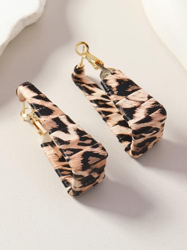 Chunky Leopard Leather Earrings Bohemia Camouflage Leather Dangle Earrings Chunky Rectangle Black White Zebra Print Earring Handmade Vintage Faux Leathers Statement Earring Boho Style Jewelry - color: Brown