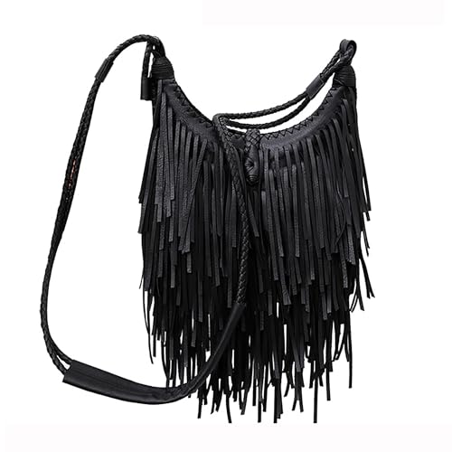 Tassel Shoulder Bag Vintage & Stylish Women PU Leather Bohemian Fringed Crossbody Shoulder Hobo Fringe bag - color: Black-9x7.87in