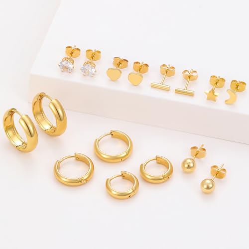 Silver Gold Plated Surgical Steel Flat Back Earrings for Women Hypoallergenic 14K Gold Plated Stud Huggie Earring Set Fashion Shell Cubic Zirconia Flatback Studs Cartilage Earrings Pack for Multiple Piercing 5/8Pairs - color: 8 Pairs Gold Plated Huggie/Ho