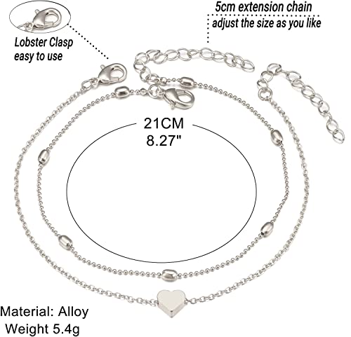Fesciory Women Heart Anklet Adjustable Beach Layered Ankle Bracelets for Women Gold Alloy Foot Chain Jewelry - color: Silver Heart