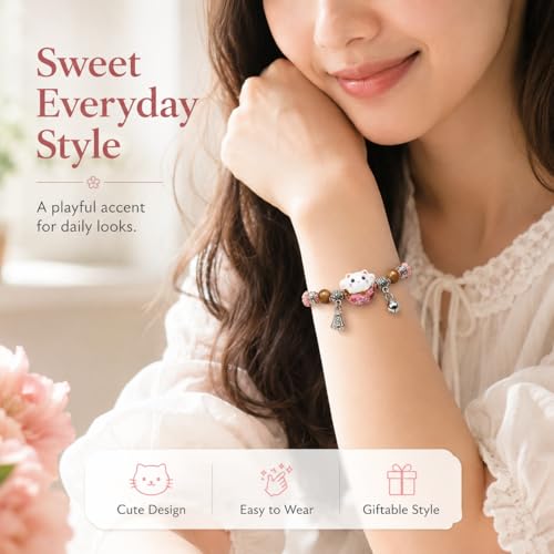 Lucky Cat Bracelet For Women, Feng Shui Good Luck Cat Jewelry with Ceramic Cat Charm, Lightweight Protection Bracelet for Daily Wear or Work,Meaningful Gift for Women Valentine's Day&Birthday
