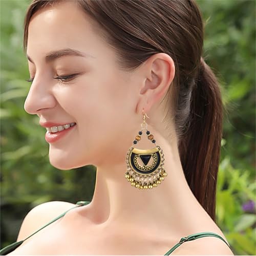 Vintage Boho Statement Drop Dangle Earrings for Women Bohemian Ethnic Handmade Beaded Charms Earring Bohemian Retro Chandelier Tassel Earrings Mexico Gypsy Jewelry Gift - color: G Black Triangle