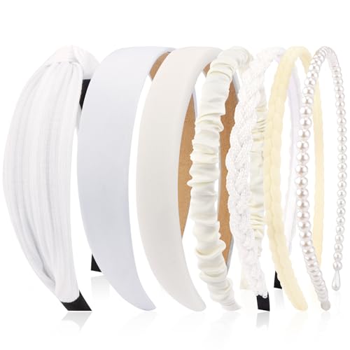 VELSCRUN Headbands for Women 7 Pcs Different White Fashion Knotted Solid Head Bands Pearl Headband Non Slip Hair Band for Womens Gilrs Thin Thick Short Hair Face Wash Hair Accessories - color: Natural White