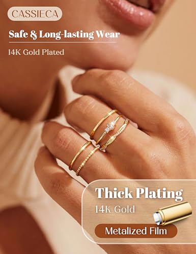 CASSIECA Non Tarnish 14K Gold Plated Stackable Rings for Women Cubic Zirconia Band Rings Set Dainty Trendy Statement Engagement Promise Stacking Ring Size 5-10 - color: 14K Gold Plated